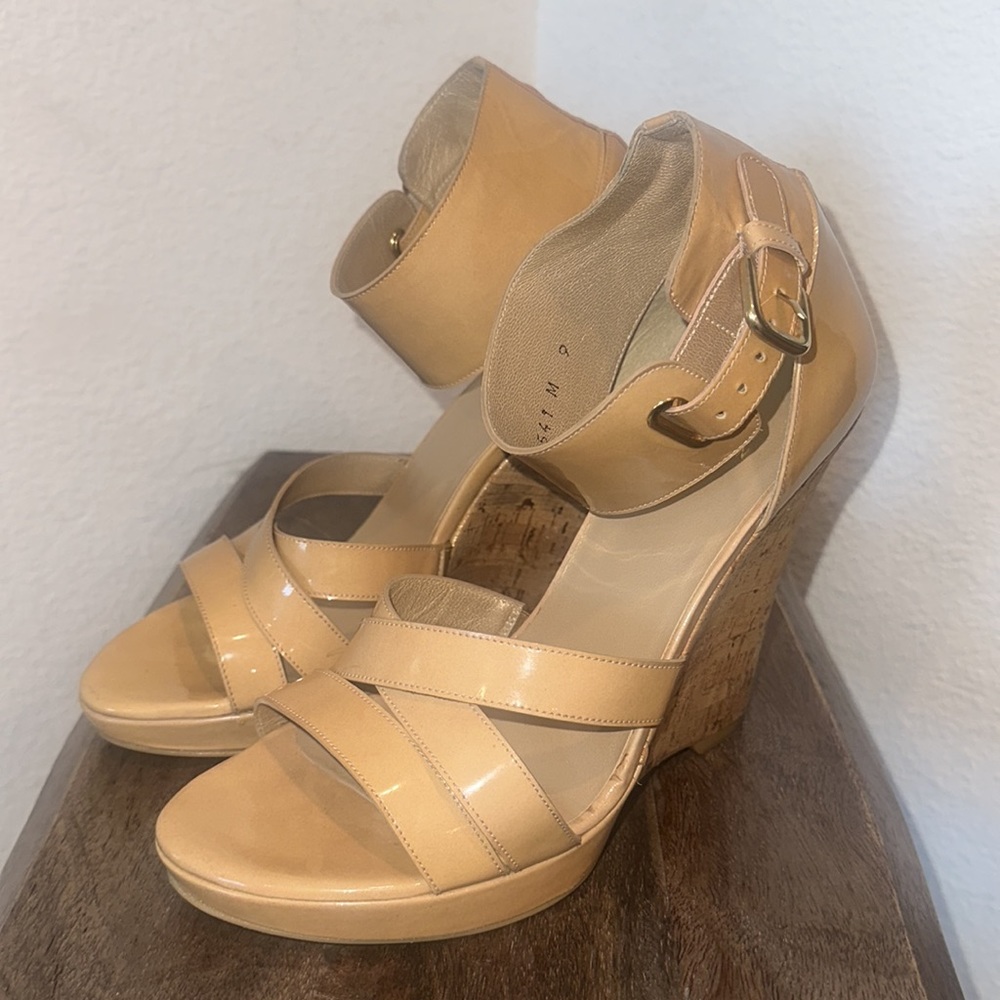 STUART WEITZMAN HILDA Sandal Metallic Cork Wedge Adobe Aniline Patent Size 9M - Picture 4 of 17